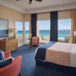 A luxurious coral-themed room with a grand beachfront view, enhanced with sophisticated navy blue and gold accents throughout the decor and furnishings.