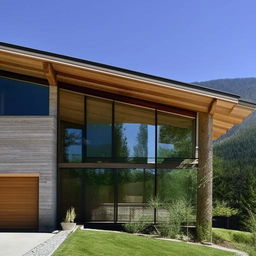 A modern mountain home exterior made from materials like wood and stone, characterized by a dominating glass front. Features a spacious living room with a fireplace, 3 bedrooms, 1.5 bathrooms, and a welcoming wooden deck.