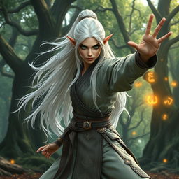 A powerful female elf monk with long flowing white hair, demonstrating a fierce martial arts stance