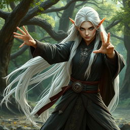 A powerful female elf monk with long flowing white hair, demonstrating a fierce martial arts stance