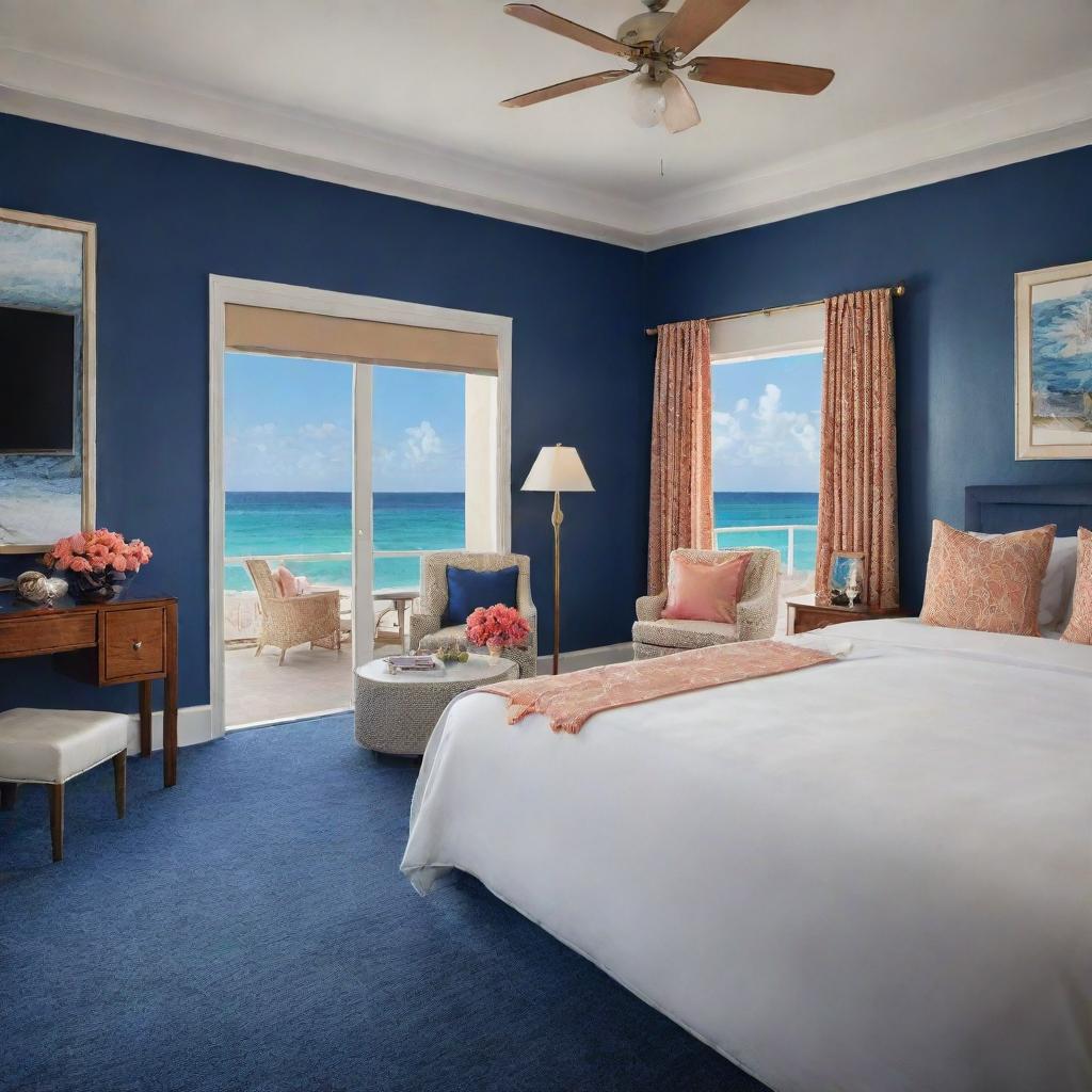 A luxurious coral-themed room with a grand beachfront view, enhanced with sophisticated navy blue and gold accents throughout the decor and furnishings.