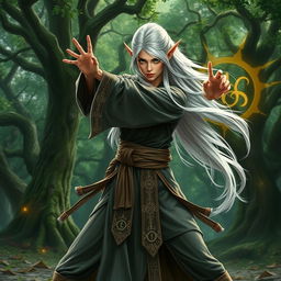 A powerful female elf monk with long flowing white hair, demonstrating a fierce martial arts stance