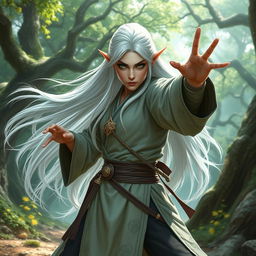 A powerful female elf monk with long flowing white hair, demonstrating a fierce martial arts stance