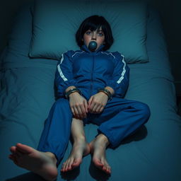 A girl lying on a bed with her wrists and ankles handcuffed