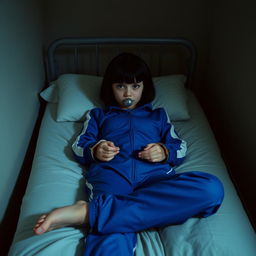 A girl lying on a bed with her wrists and ankles handcuffed