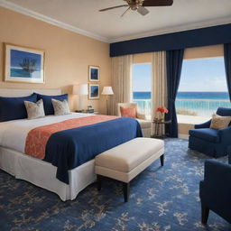 A luxurious coral-themed room with a grand beachfront view, enhanced with sophisticated navy blue and gold accents throughout the decor and furnishings.