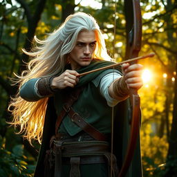 A majestic male ranger with flowing white hair, standing confidently amid a lush forest