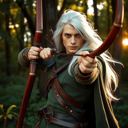 A majestic male ranger with flowing white hair, standing confidently amid a lush forest