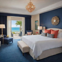 A luxurious coral-themed room with a grand beachfront view, enhanced with sophisticated navy blue and gold accents throughout the decor and furnishings.