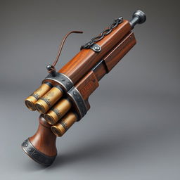 A hand grenade launcher designed with a medieval theme, capable of launching various explosive capsules