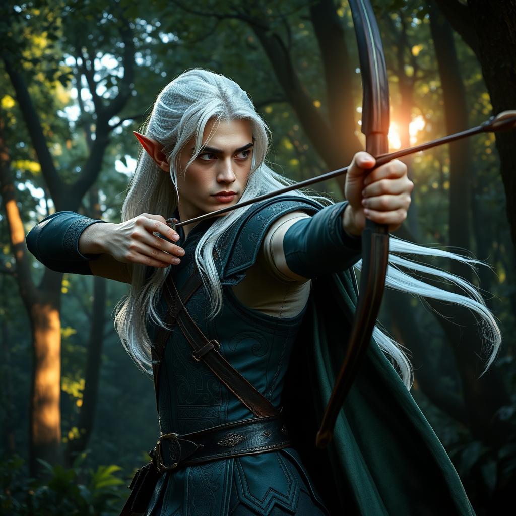 A striking male elf ranger with cascading white hair, positioned in a graceful stance as he aims his long bow at an unseen target in a dense enchanted forest