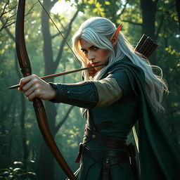 A striking male elf ranger with cascading white hair, positioned in a graceful stance as he aims his long bow at an unseen target in a dense enchanted forest