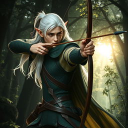 A striking male elf ranger with cascading white hair, positioned in a graceful stance as he aims his long bow at an unseen target in a dense enchanted forest