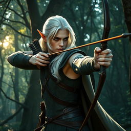 A striking male elf ranger with cascading white hair, positioned in a graceful stance as he aims his long bow at an unseen target in a dense enchanted forest