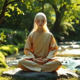 A serene white-haired female monk meditating peacefully in a tranquil setting