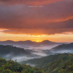 A stunning sunrise in the Highlands of Papua New Guinea, with warm hues painting the sky. The word 'Helehele' appears as line art superimposed over the misty horizon.