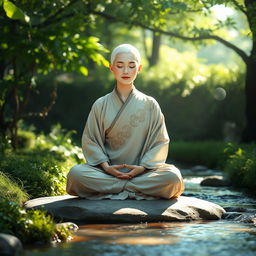 A serene white-haired female monk meditating peacefully in a tranquil setting