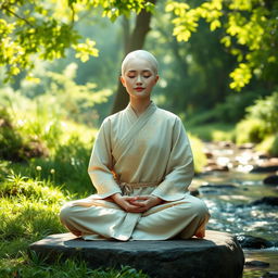 A serene white-haired female monk meditating peacefully in a tranquil setting