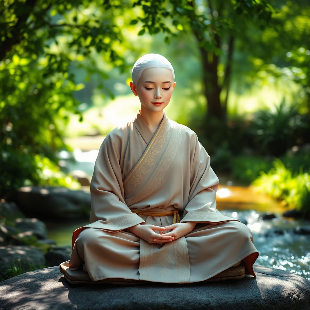 A serene white-haired female monk meditating peacefully in a tranquil setting