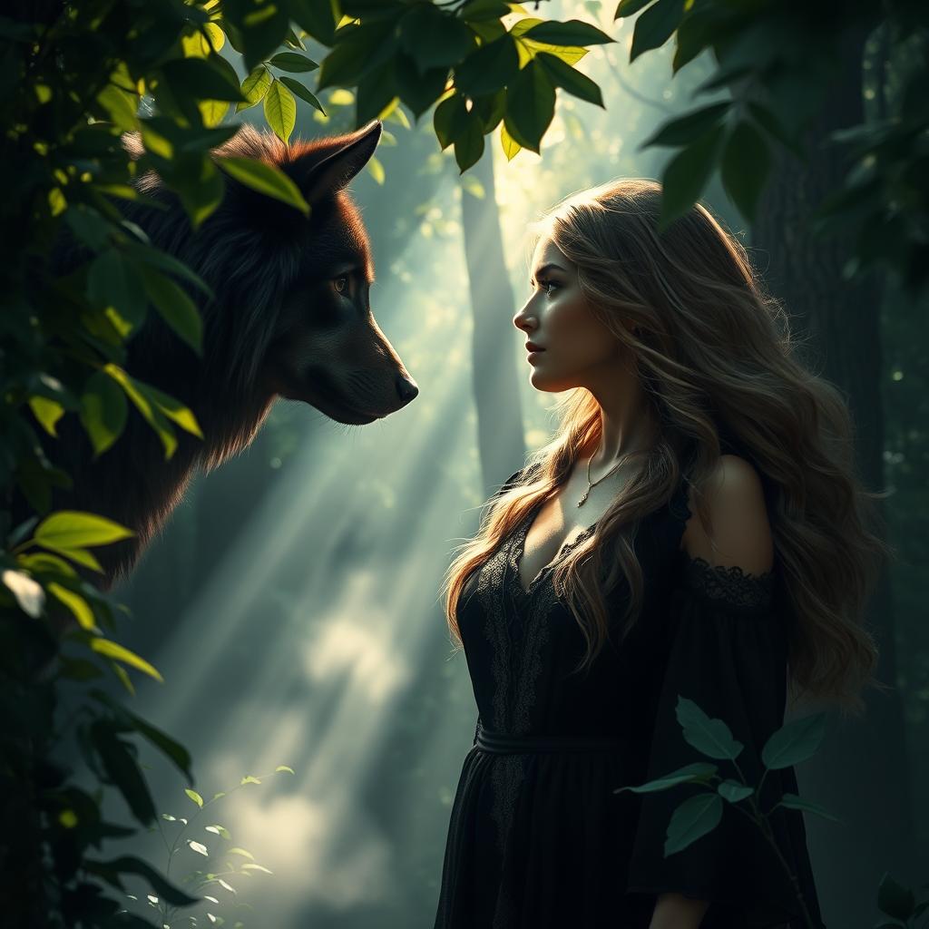 A mystical scene featuring a beautiful woman with flowing hair standing in a dense forest, staring intently into the eyes of a majestic black wolf