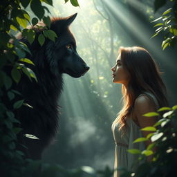 A mystical scene featuring a beautiful woman with flowing hair standing in a dense forest, staring intently into the eyes of a majestic black wolf