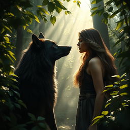 A mystical scene featuring a beautiful woman with flowing hair standing in a dense forest, staring intently into the eyes of a majestic black wolf