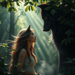 A mystical scene featuring a beautiful woman with flowing hair standing in a dense forest, staring intently into the eyes of a majestic black wolf