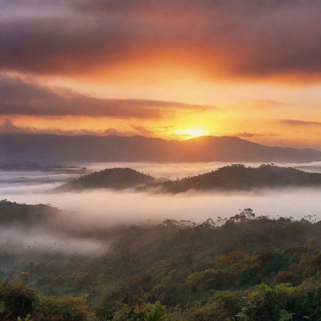 A stunning sunrise in the Highlands of Papua New Guinea, with warm hues painting the sky. The word 'Helehele' appears as line art superimposed over the misty horizon.