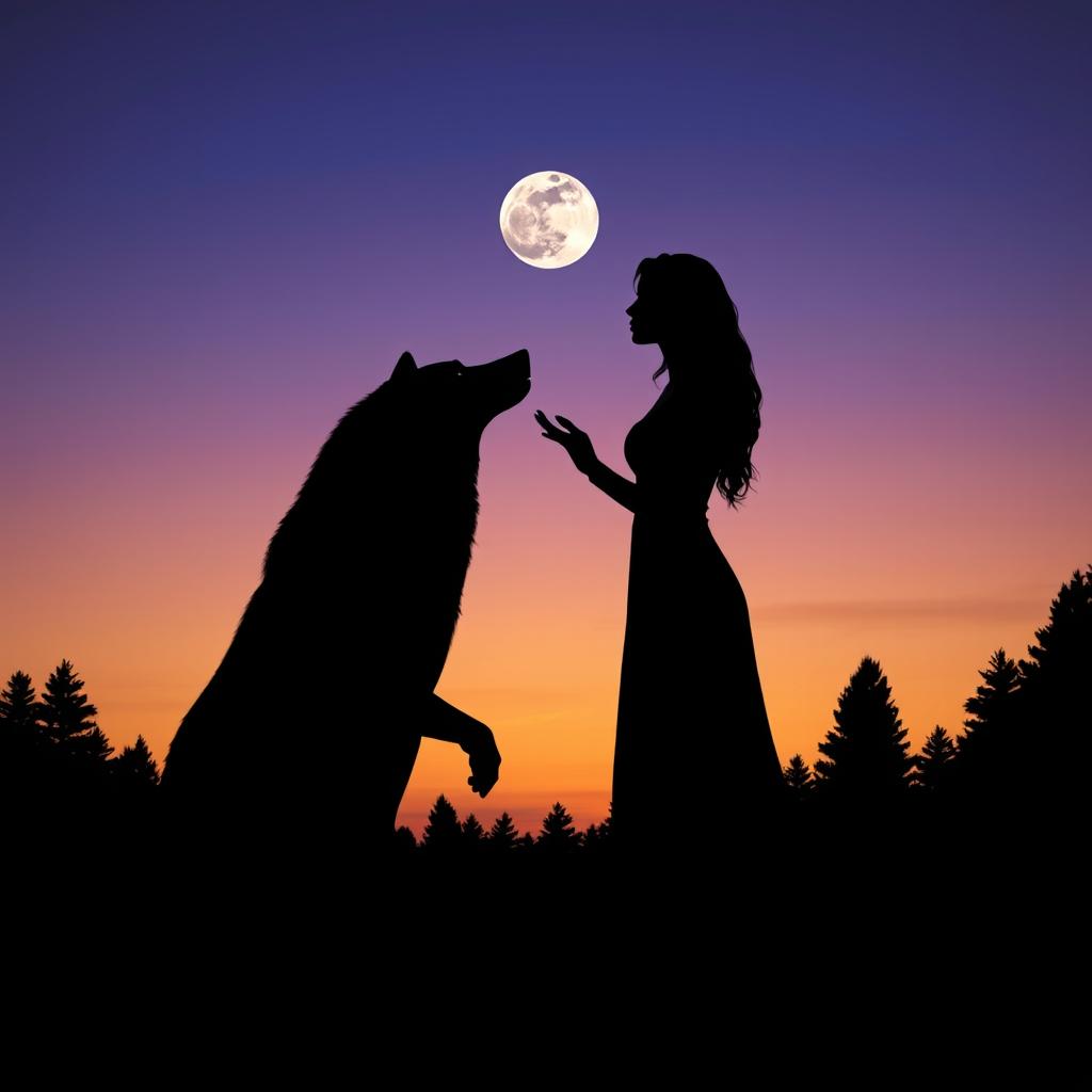 Silhouette of a woman and a wolf facing each other under a twilight sky, the moon casting a gentle glow