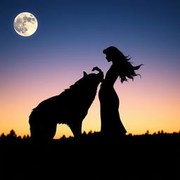 Silhouette of a woman and a wolf facing each other under a twilight sky, the moon casting a gentle glow