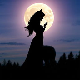 Silhouette of a woman and a wolf facing each other under a twilight sky, the moon casting a gentle glow