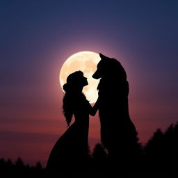 Silhouette of a woman and a wolf facing each other under a twilight sky, the moon casting a gentle glow