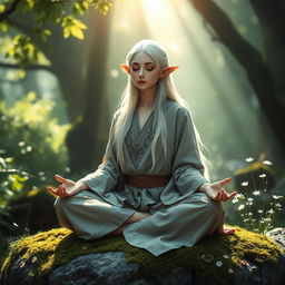 A serene white-haired female elf monk meditating peacefully in a tranquil forest setting