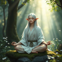 A serene white-haired female elf monk meditating peacefully in a tranquil forest setting