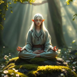 A serene white-haired female elf monk meditating peacefully in a tranquil forest setting