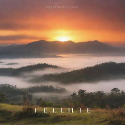 A stunning sunrise in the Highlands of Papua New Guinea, with warm hues painting the sky. The word 'Helehele' appears as line art superimposed over the misty horizon.