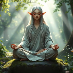 A serene white-haired female elf monk meditating peacefully in a tranquil forest setting