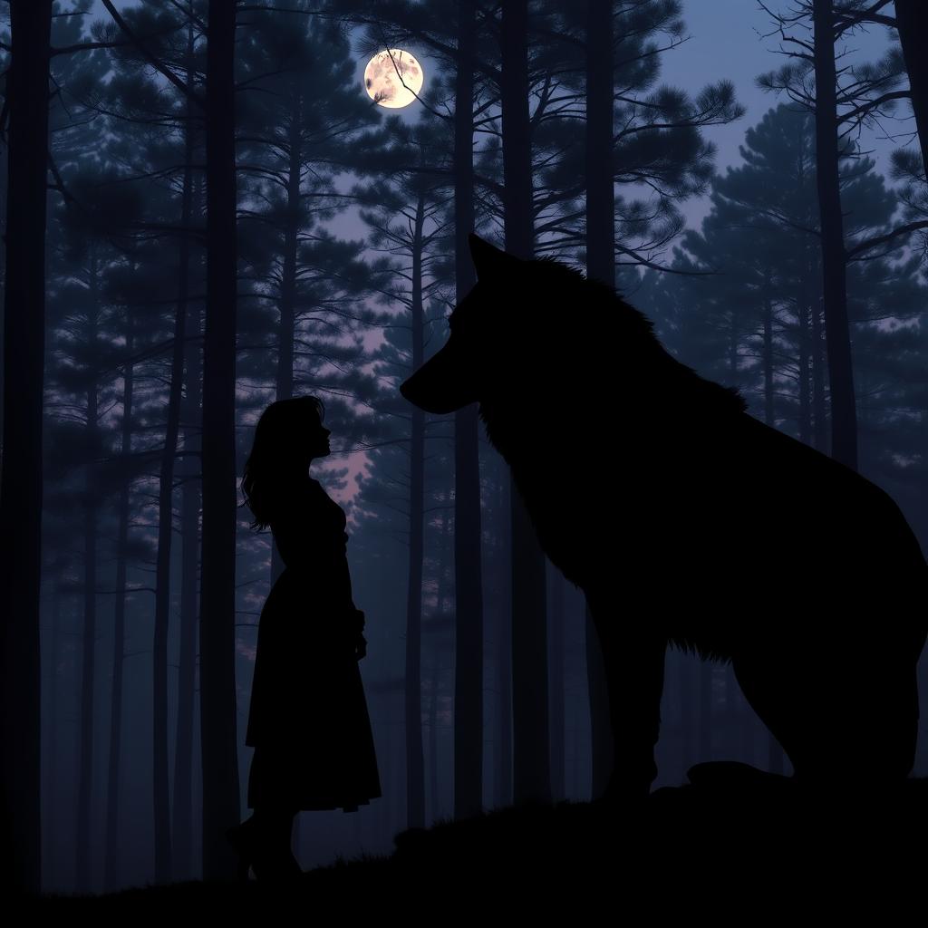 Silhouette of a woman and a wolf gazing at each other in a dense forest during twilight