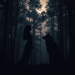 Silhouette of a woman and a wolf gazing at each other in a dense forest during twilight