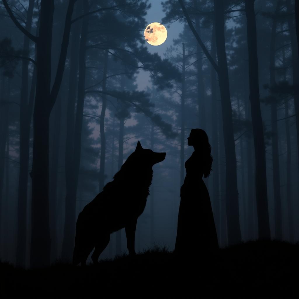 Silhouette of a woman and a wolf gazing at each other in a dense forest during twilight