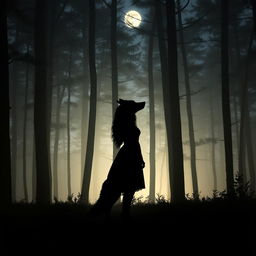 Silhouette of a woman and a wolf gazing at each other in a dense forest during twilight