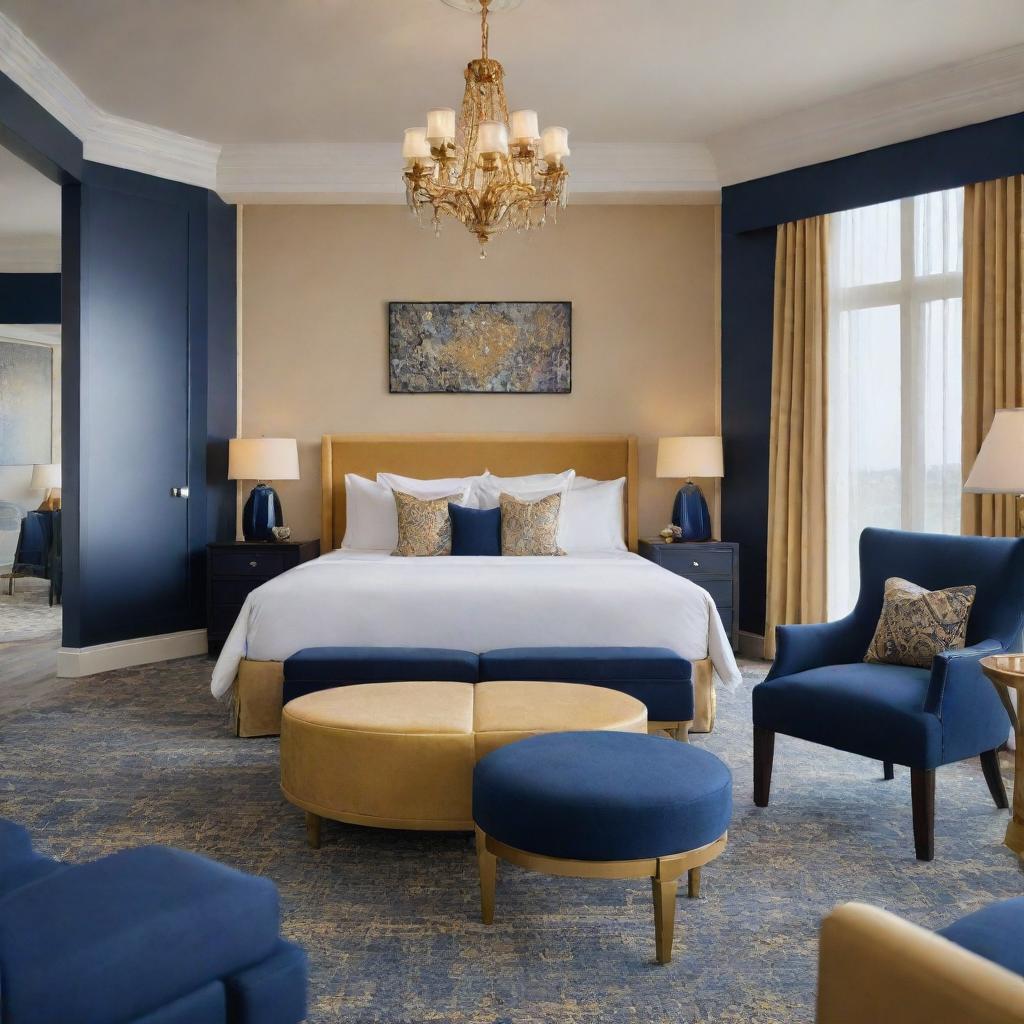 An elegantly designed junior suite at a resort showcasing a rich blend of navy blue and gold decor. Upscale furnishings and luxurious amenities emphasize the suite's high-end aesthetics.