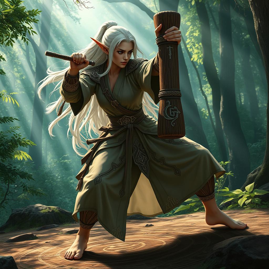 A powerful female elf monk with long flowing white hair, engaged in an intense martial arts training session