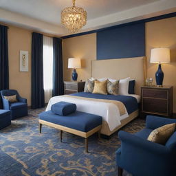 An elegantly designed junior suite at a resort showcasing a rich blend of navy blue and gold decor. Upscale furnishings and luxurious amenities emphasize the suite's high-end aesthetics.