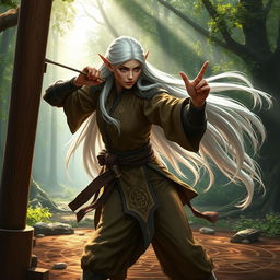 A powerful female elf monk with long flowing white hair, engaged in an intense martial arts training session