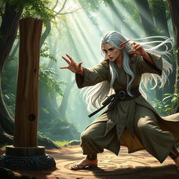 A powerful female elf monk with long flowing white hair, engaged in an intense martial arts training session