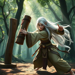 A powerful female elf monk with long flowing white hair, engaged in an intense martial arts training session