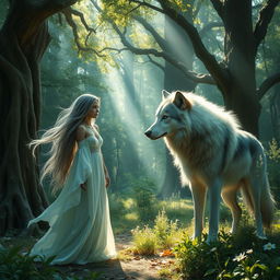 A mystical scene in a lush, enchanting forest where a fantasy-style woman with flowing, ethereal garments and flowing hair stands gracefully, gazing intently at a majestic wolf