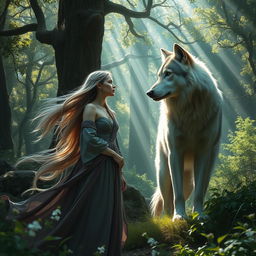 A mystical scene in a lush, enchanting forest where a fantasy-style woman with flowing, ethereal garments and flowing hair stands gracefully, gazing intently at a majestic wolf