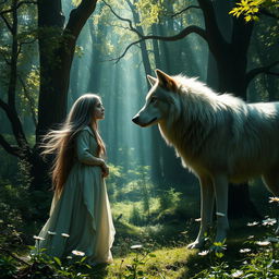 A mystical scene in a lush, enchanting forest where a fantasy-style woman with flowing, ethereal garments and flowing hair stands gracefully, gazing intently at a majestic wolf